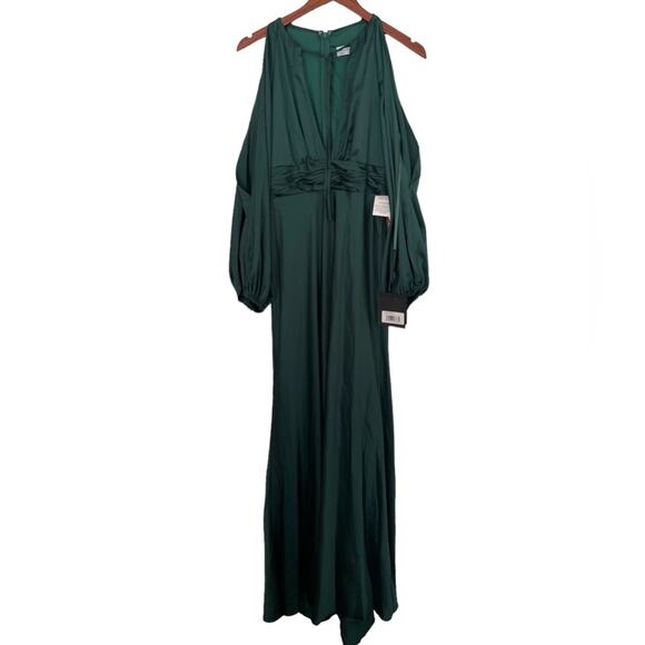 Mac Duggal Gown 55397 Emerald Green Plunge Neck Long Sleeve Satin Sheath 4 NWT - Picture 3 of 7